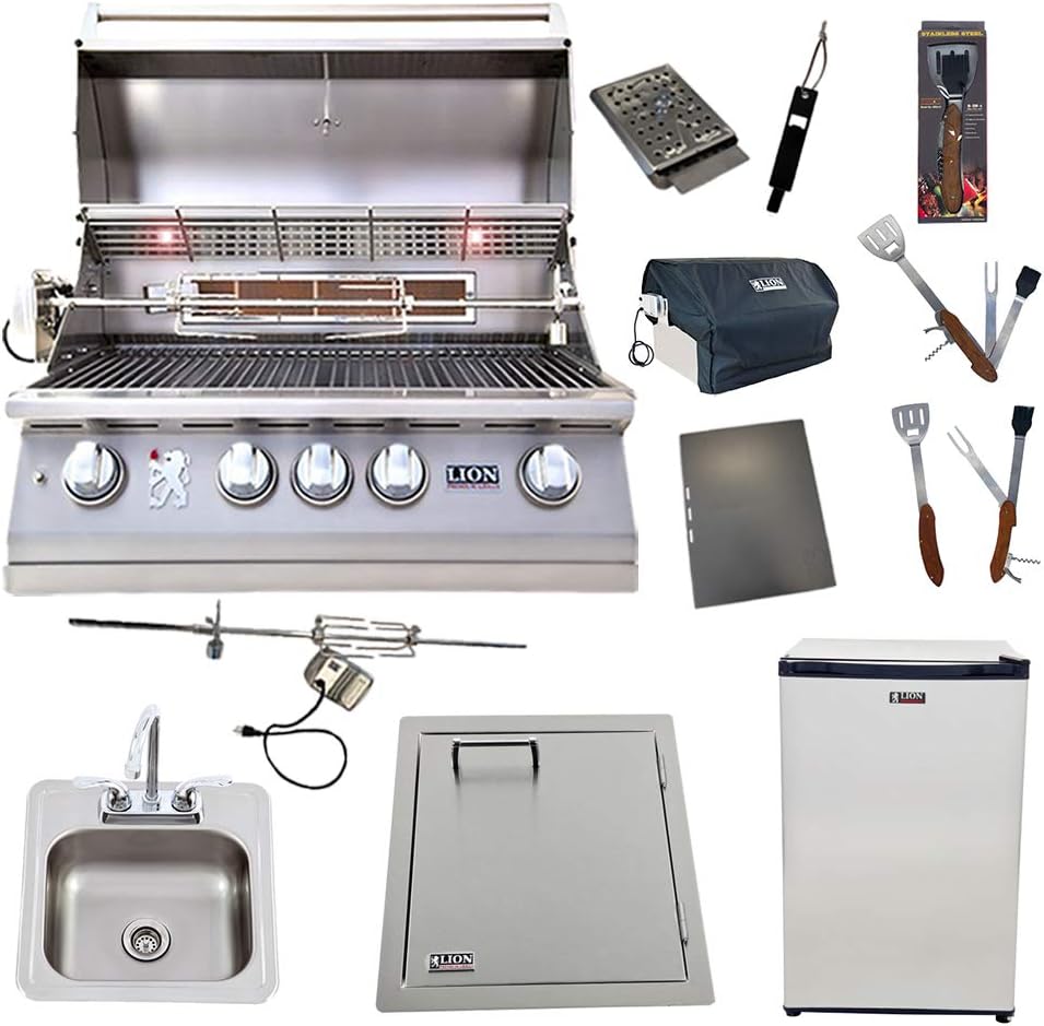 B081GHF2M8 Lion 32-Inch Natural Gas Grill L75000 with Refrigerator and Vertical Door with Towel Rack and Drop-In Sink and 5 in 1 BBQ Tool Set Best of Backyard Package Deal - Image 1