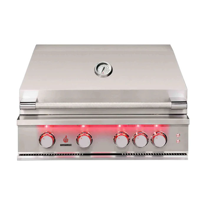 True Flame 32-Inch Built-In Gas Grill with 4 Stainless Steel Control Knobs and Hood Thermometer