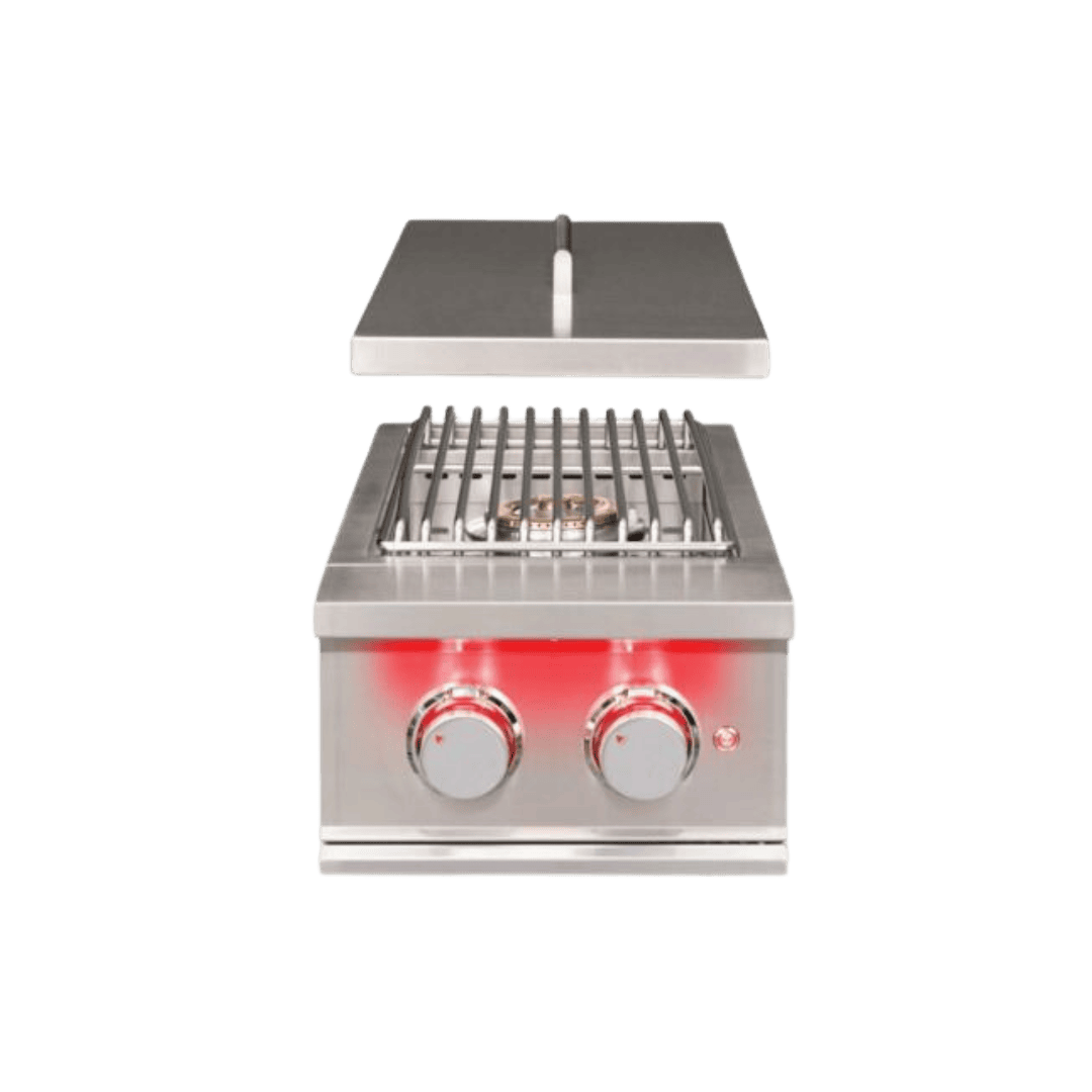 TrueFlame Built-In Double Side Burner with Brass Plated Burners and LED Knob Illumination for Outdoor Cooking Stations