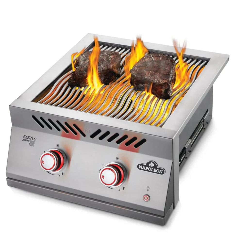 Napoleon Built-In 700 Series Dual Infrared Burner with SIZZLE ZONE™, searing steaks over open flame