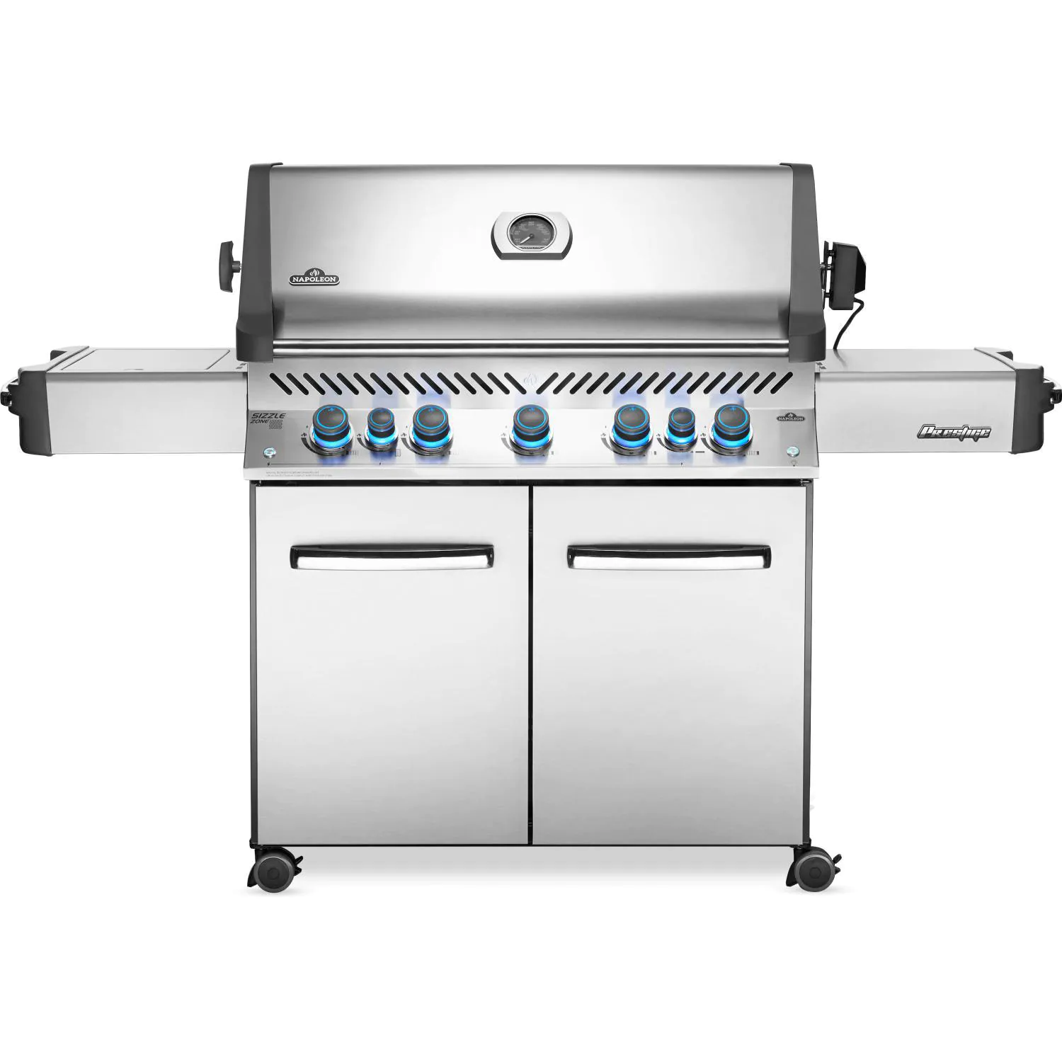 Napoleon Prestige 665 RSIB Freestanding Grill with side burner, stainless steel cabinet, and blue-lit control knobs