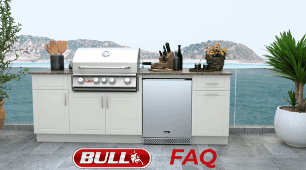 Bull BBQ FAQ outdoor kitchen setup featuring built-in Bull grill and refrigerator by the ocean