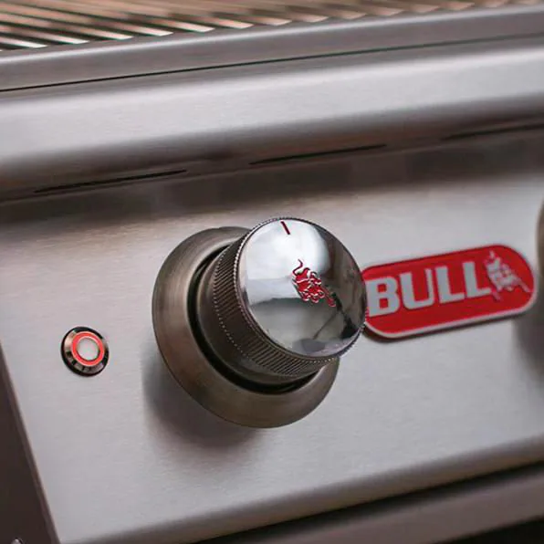 Close-up of Bull BBQ grill control knob and logo highlighting premium stainless steel construction