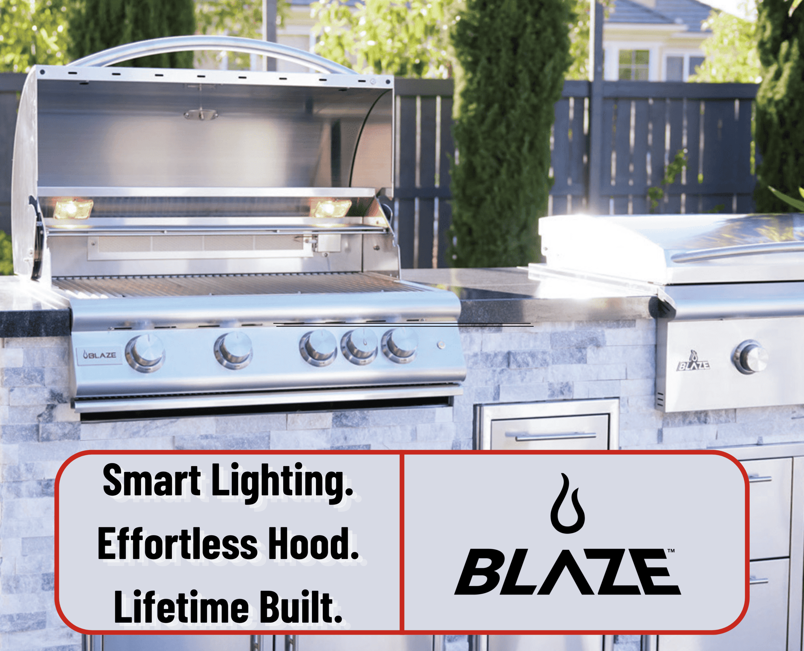 Blaze Premium LTE+ grill review – Blaze Premium LTE+ 32-inch 4-burner built-in natural gas grill with lift-assist hood open in outdoor kitchen island