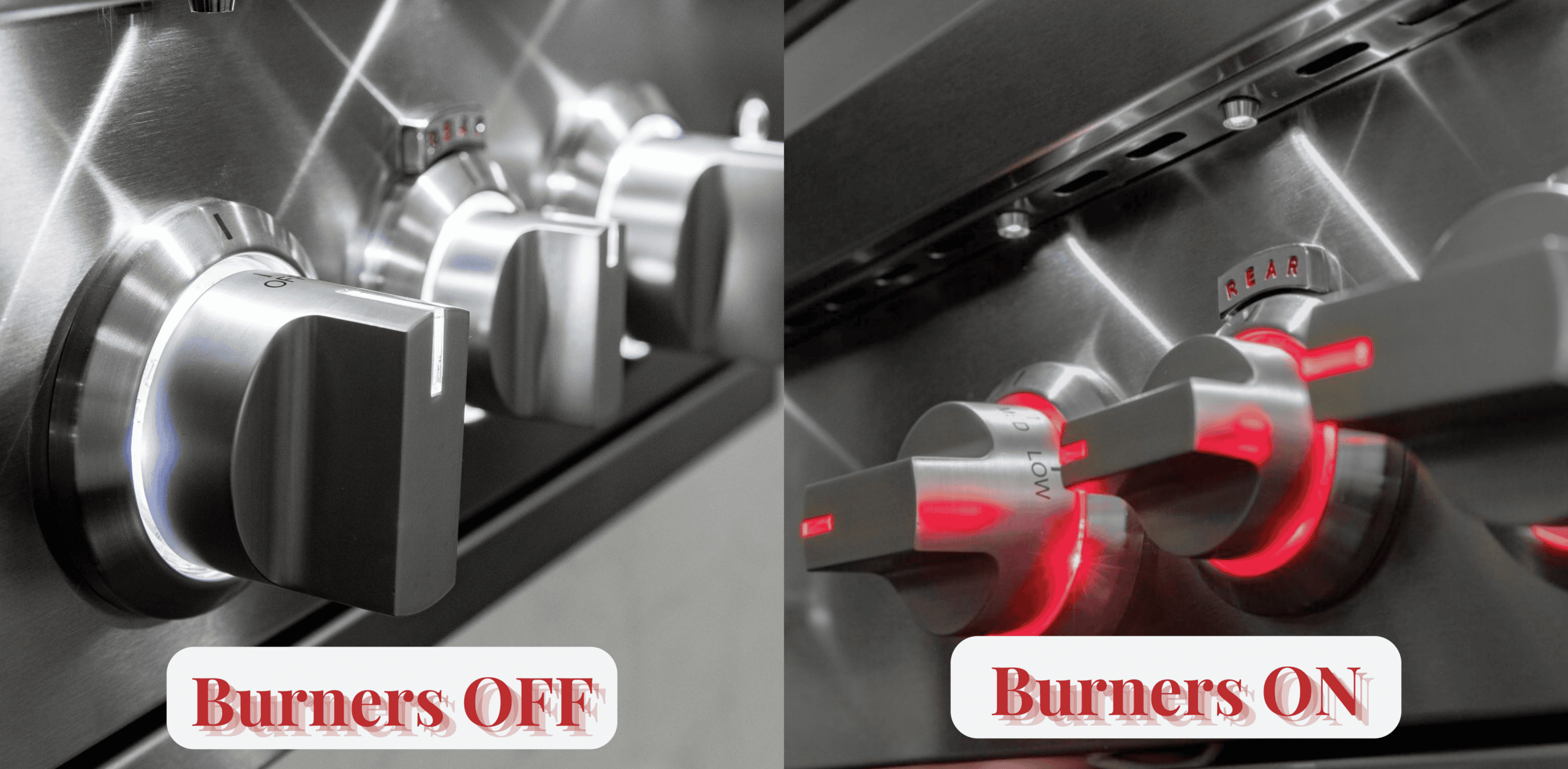 Summerset TRL Pro grill LED bezel knobs showing white OFF and red ON burner state indicator